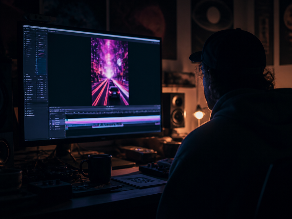 A dimly lit home studio at 2 a.m., shot from a low three-quarter angle…