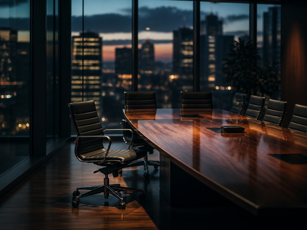 A dramatically lit corporate boardroom photographed at dusk through floor-to-ceiling glass windows, a long…