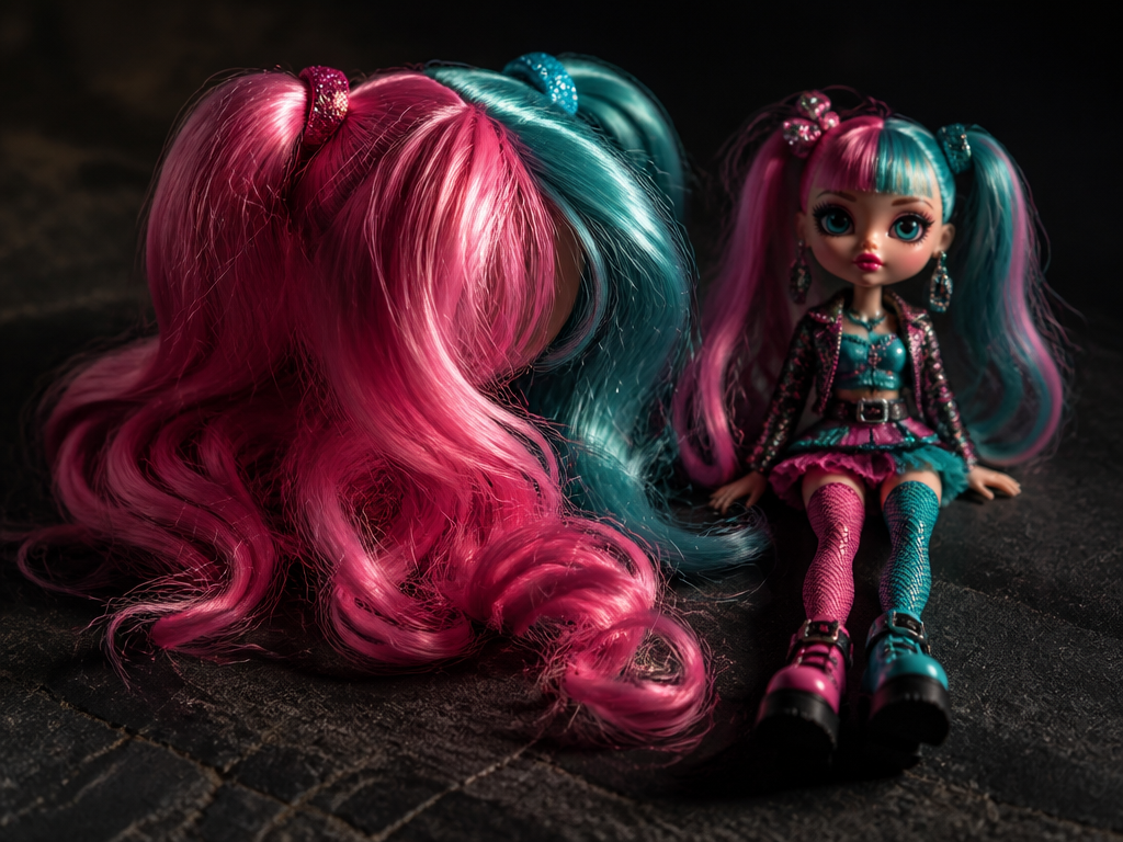 A moody close-up still-life on a dark slate surface: a vividly styled synthetic wig…