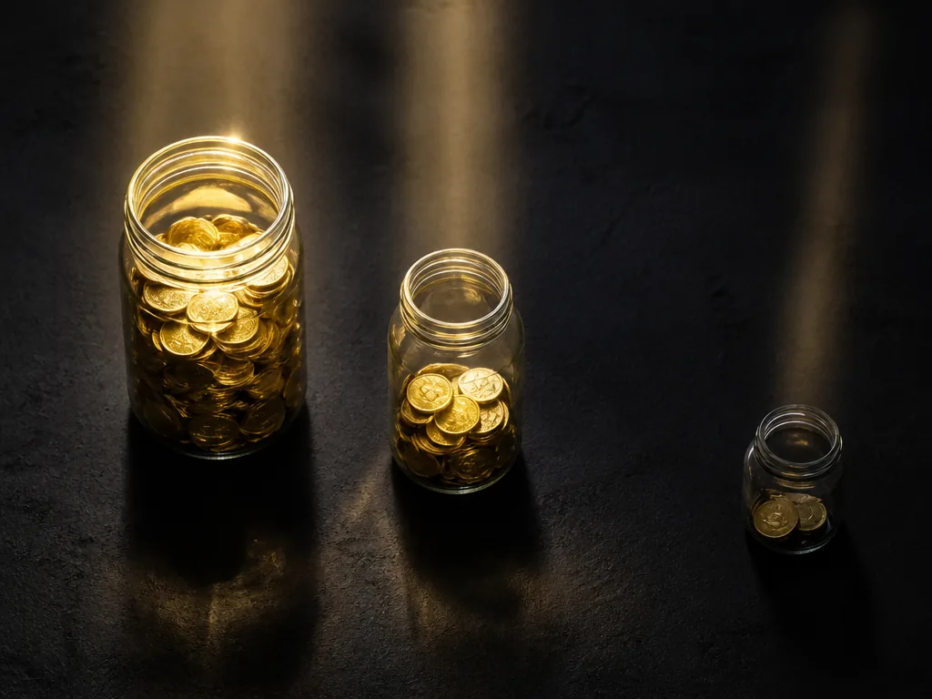 A dramatic overhead flat-lay photograph symbolizing royalty distribution: three distinct glass jars of varying…