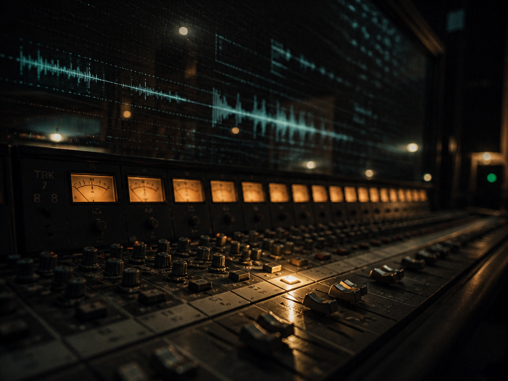 A photorealistic close-up of a vintage recording studio mixing console at night, faders and…