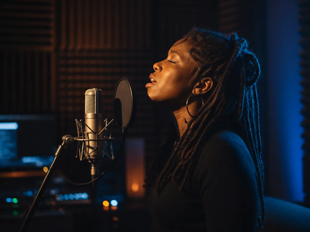 A photorealistic portrait of a Black female vocalist standing alone in a dimly lit…