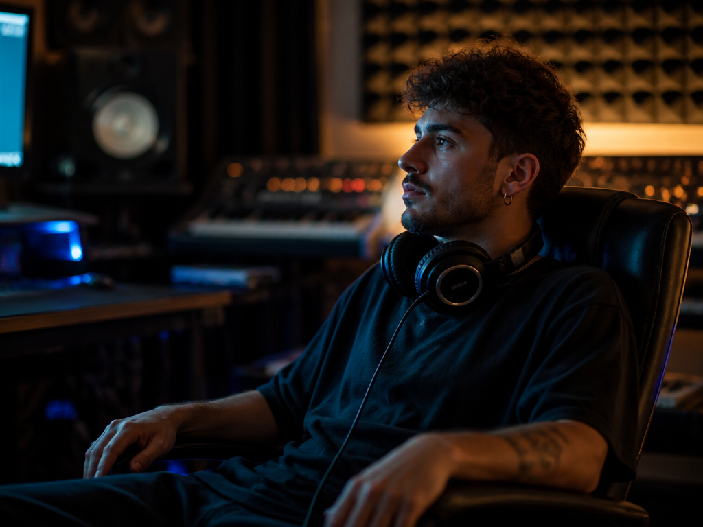 A photorealistic close-up portrait of a young music producer sitting alone in a dimly…