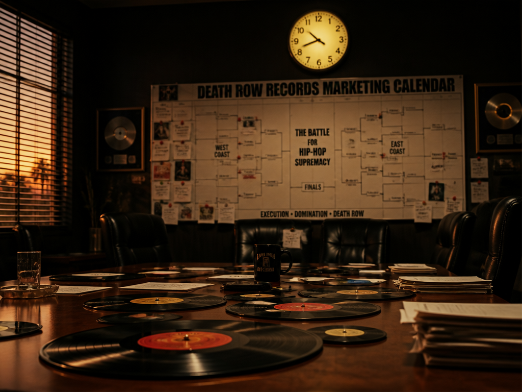 A moody, cinematic wide shot of a dimly lit vintage record label boardroom at…