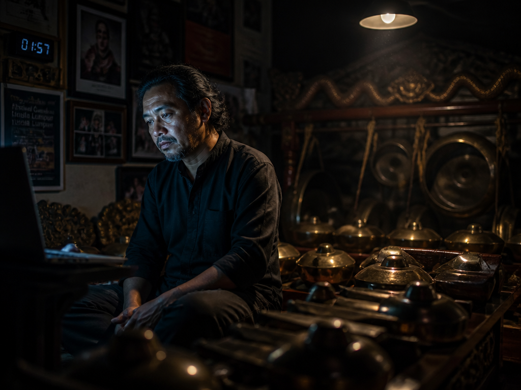 A late-night close-up portrait of a weary gamelan teacher seated beside a gleaming bronze…