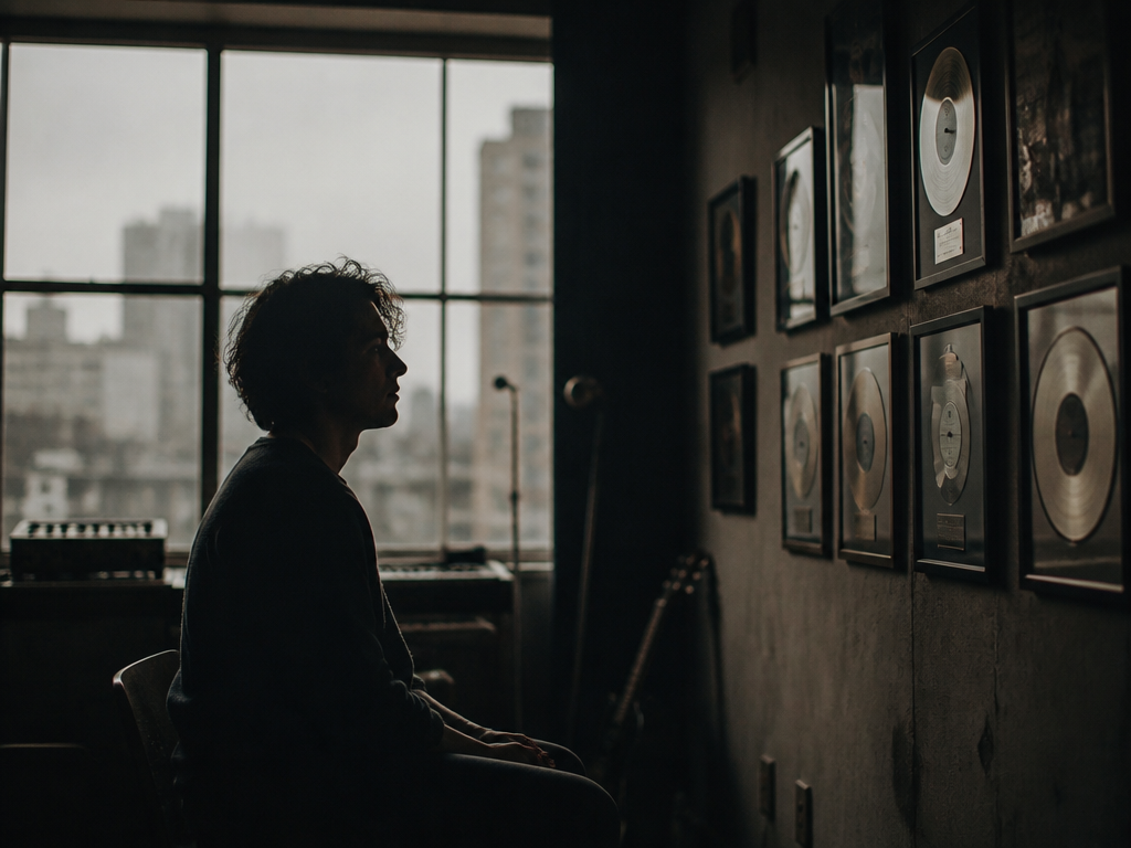 A pensive independent musician sitting alone in a dim studio, silhouetted against a large…