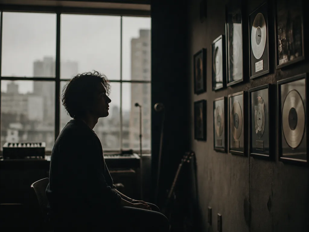 A pensive independent musician sitting alone in a dim studio, silhouetted against a large…