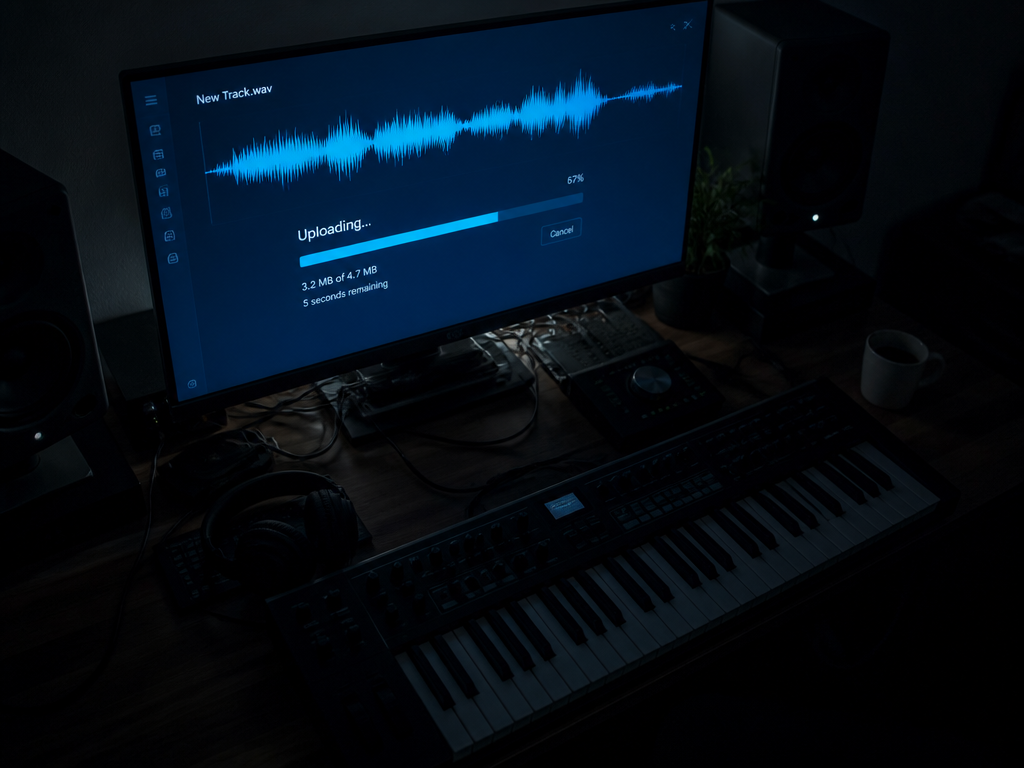 A moody overhead shot of a modern home music studio at night, illuminated only…