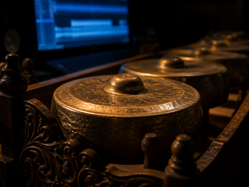 A close-up photograph of a traditional bronze kulintang gong set arranged in a wooden…