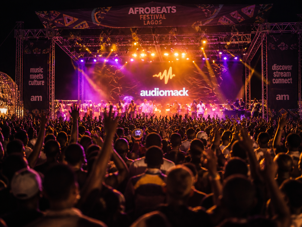 A wide-angle nighttime photograph of an outdoor Afrobeats festival stage in Lagos, glowing stage…
