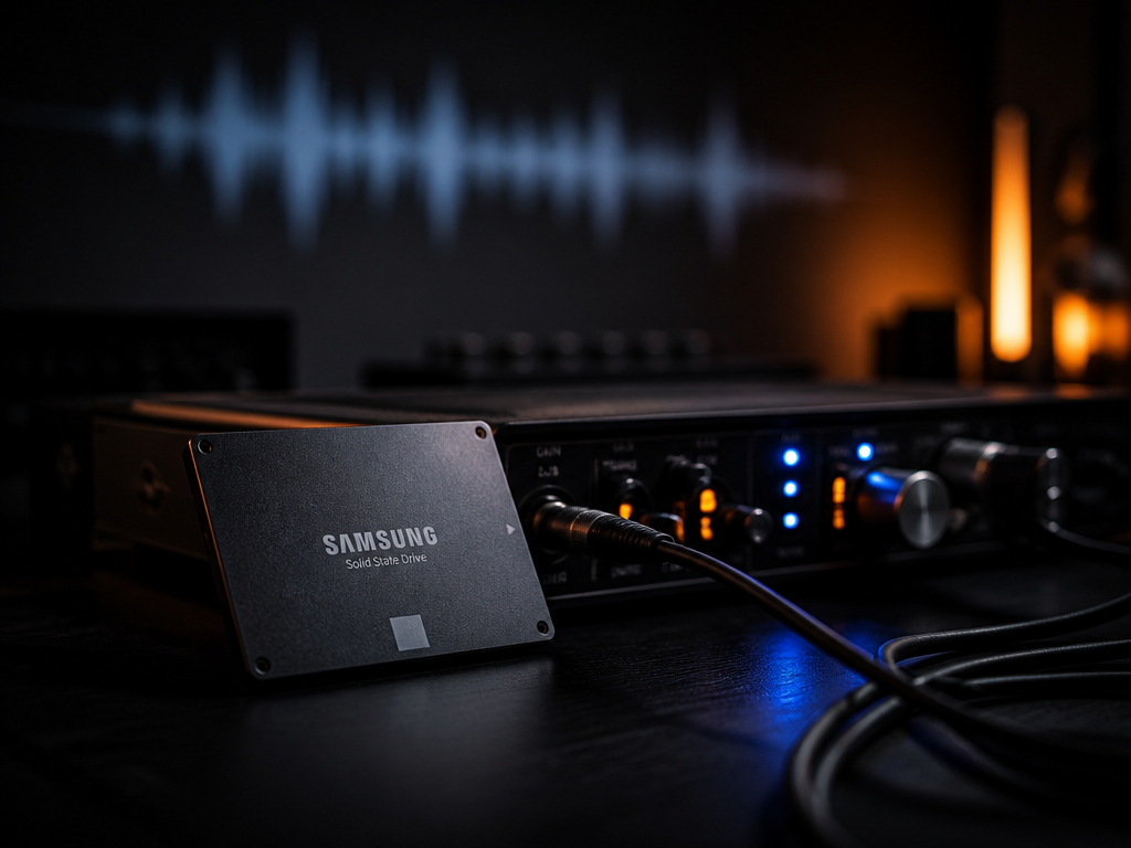 A moody, close-up macro photograph of a solid-state drive and an external audio interface…