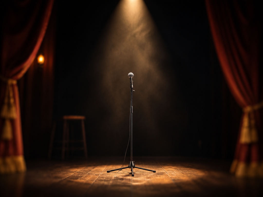 A dramatic studio portrait of an empty vintage theater stage set against a deep…