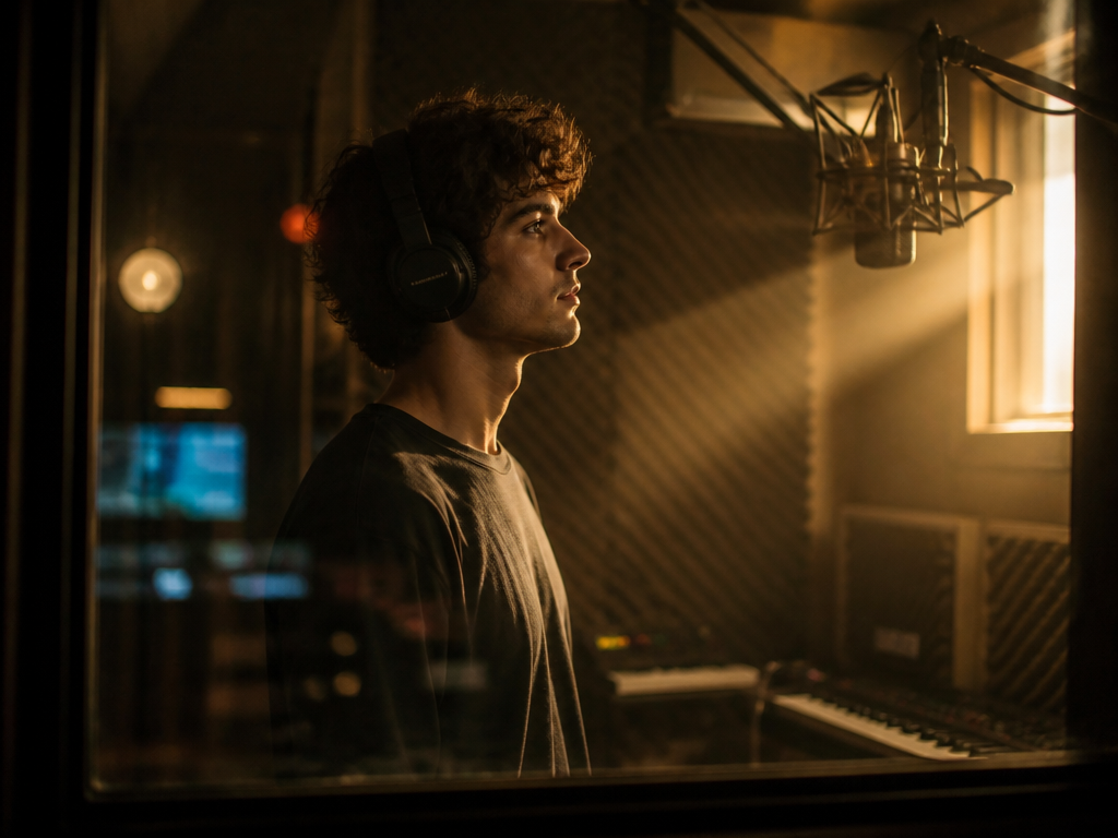 A young independent musician standing alone in a small, warmly lit recording booth, seen…