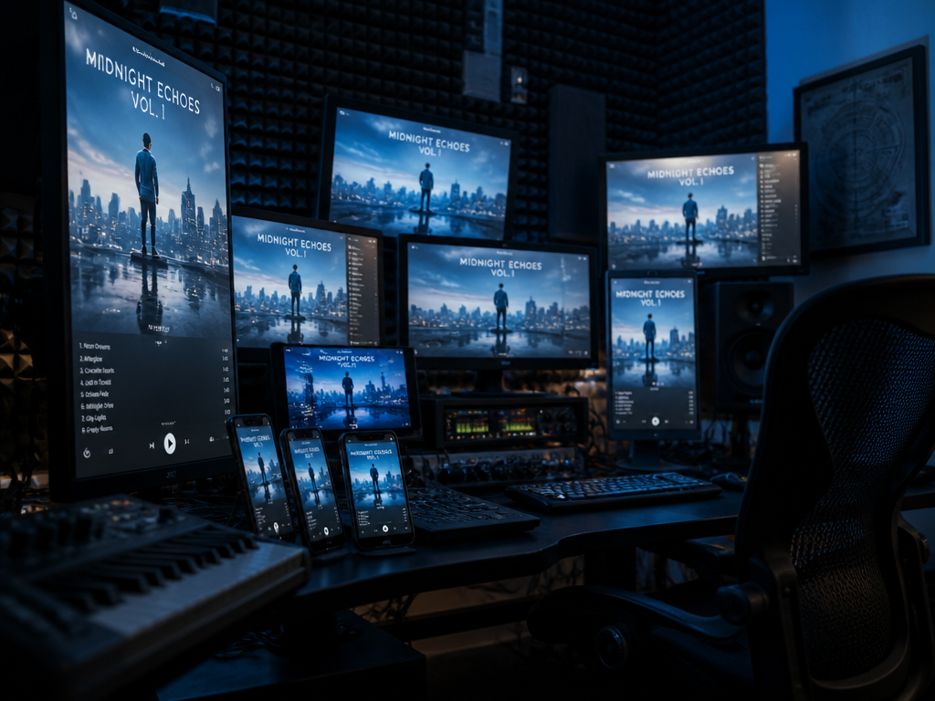 A dimly lit home music studio at night, shot from a low angle with…