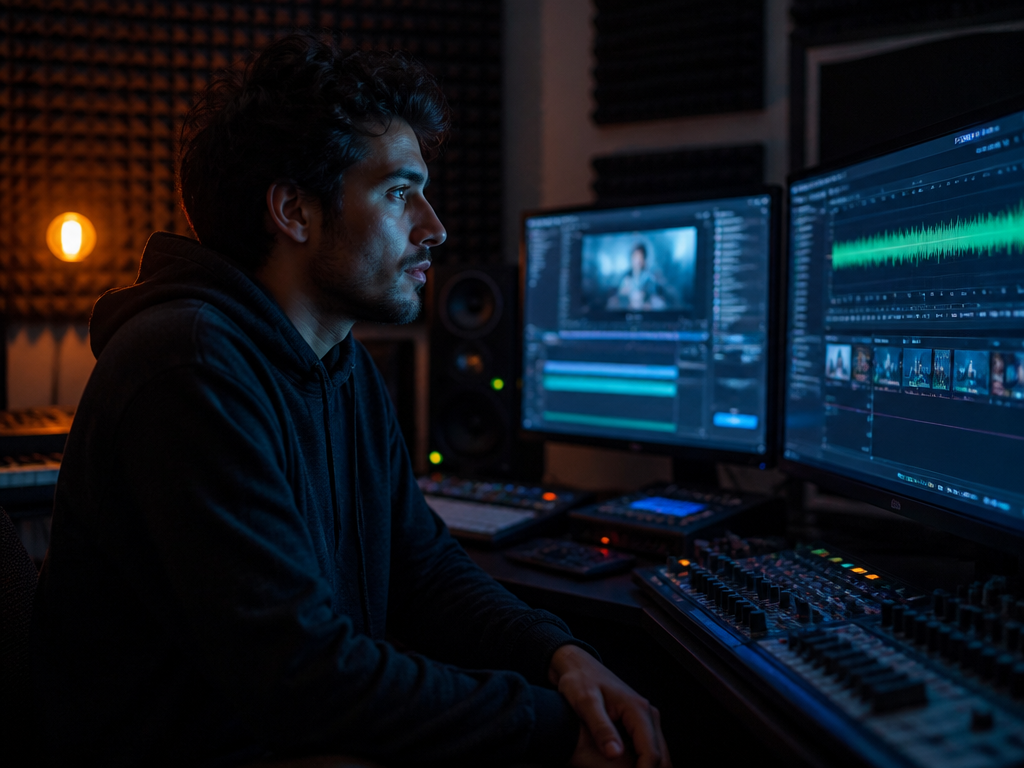 A pensive music producer seated in a dim home studio at night, empty hands…