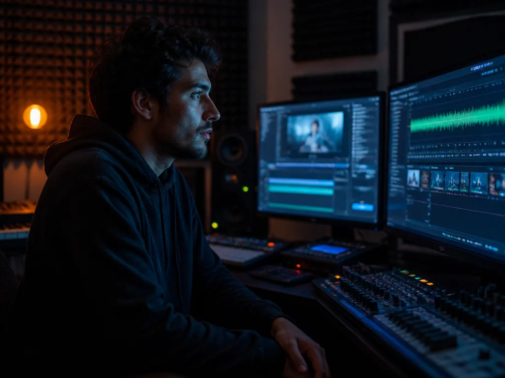 A pensive music producer seated in a dim home studio at night, empty hands…