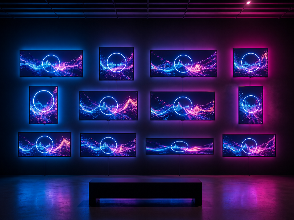 A wide symmetrical composition of a single music track visually multiplying into twelve identical…