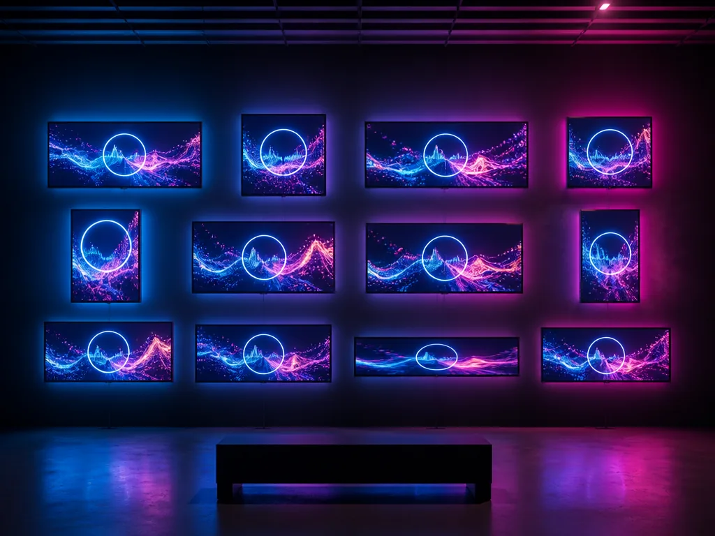 A wide symmetrical composition of a single music track visually multiplying into twelve identical…