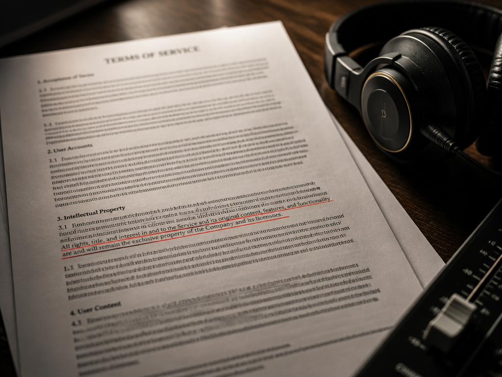 A close-up overhead shot of a printed multi-page legal terms-of-service document lying on a…
