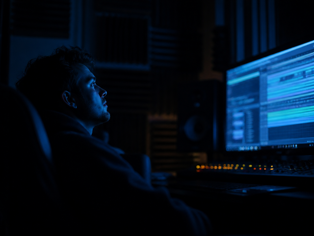 A pensive music producer seen in profile silhouette, hands not visible, sitting back in…