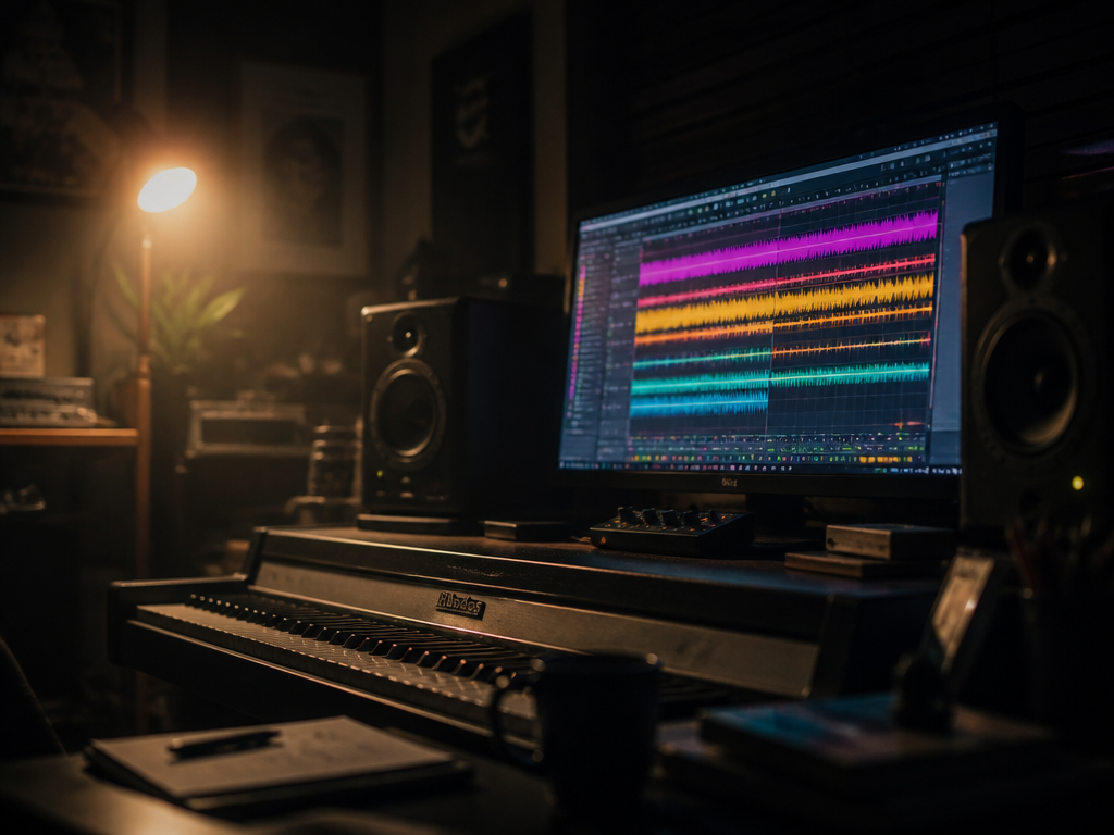 A dimly lit home music studio at night, shot in moody low-key lighting with…