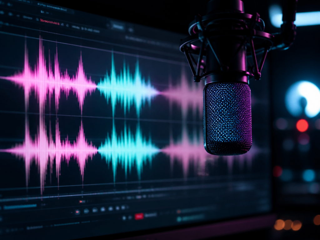 A close-up macro photograph of a professional audio waveform rendered on a sleek monitor…