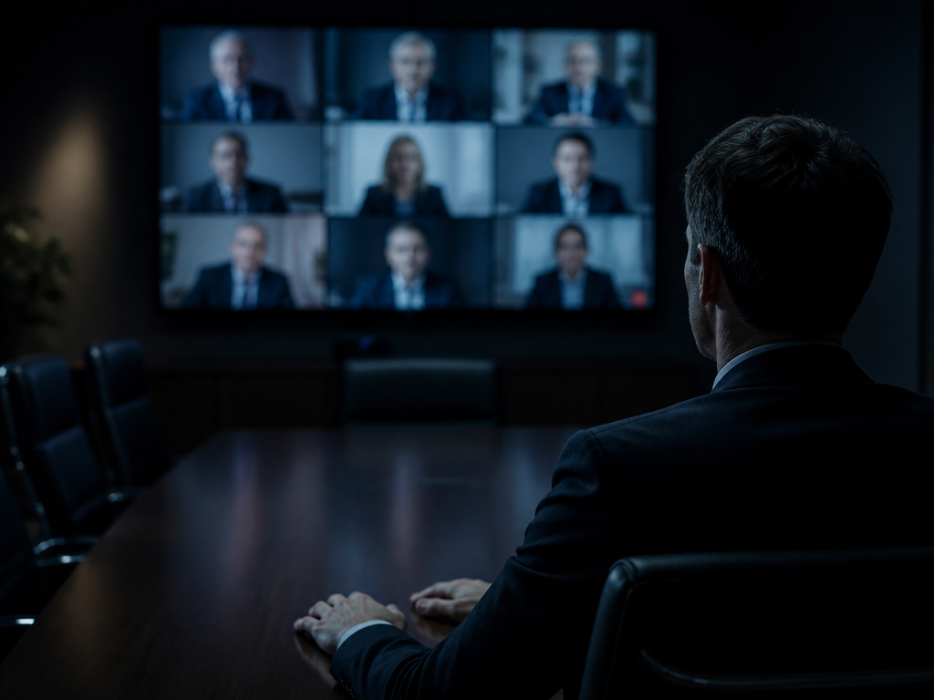 A tense corporate video conference viewed over the shoulder of a lone finance worker…