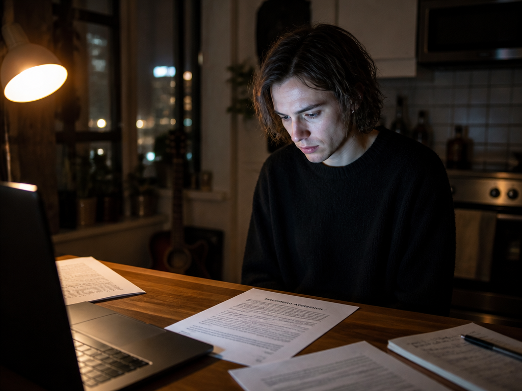 A photorealistic editorial photograph of a young musician seated alone at a wooden kitchen…