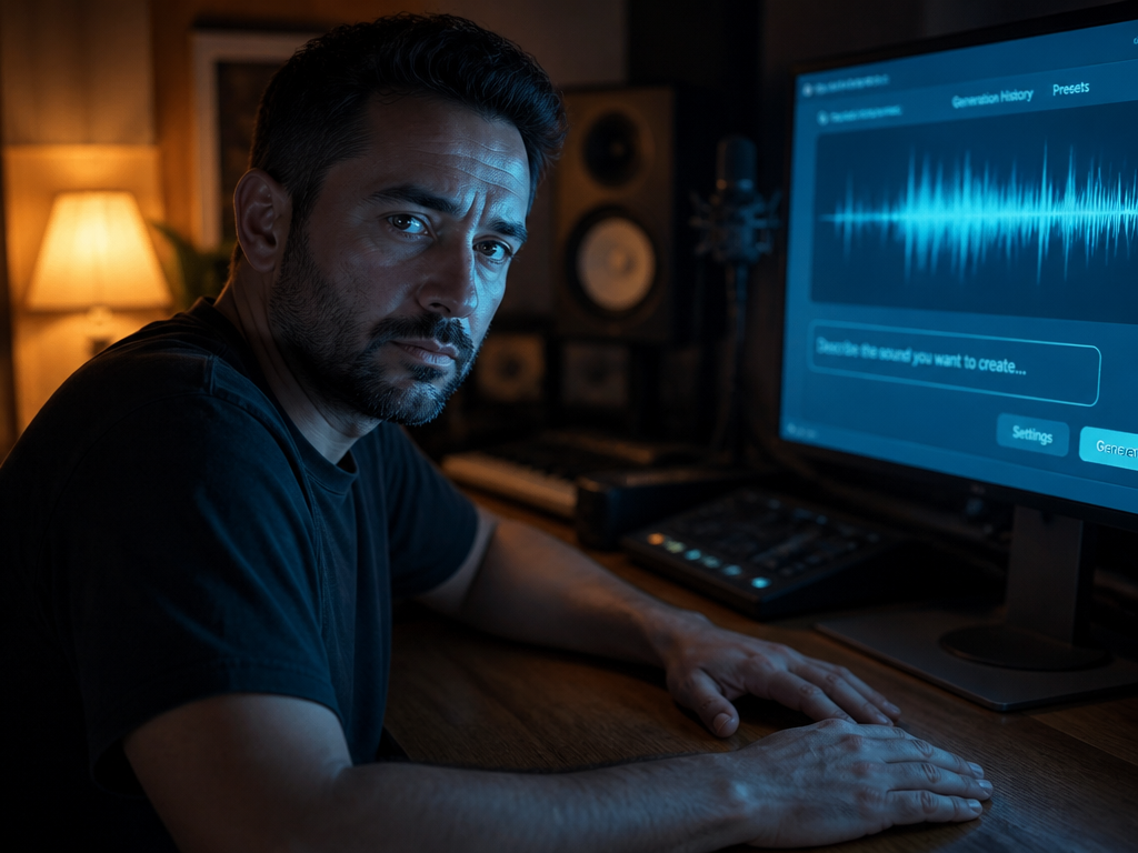 A photorealistic close-up of a music producer seated at a dimly lit home studio…