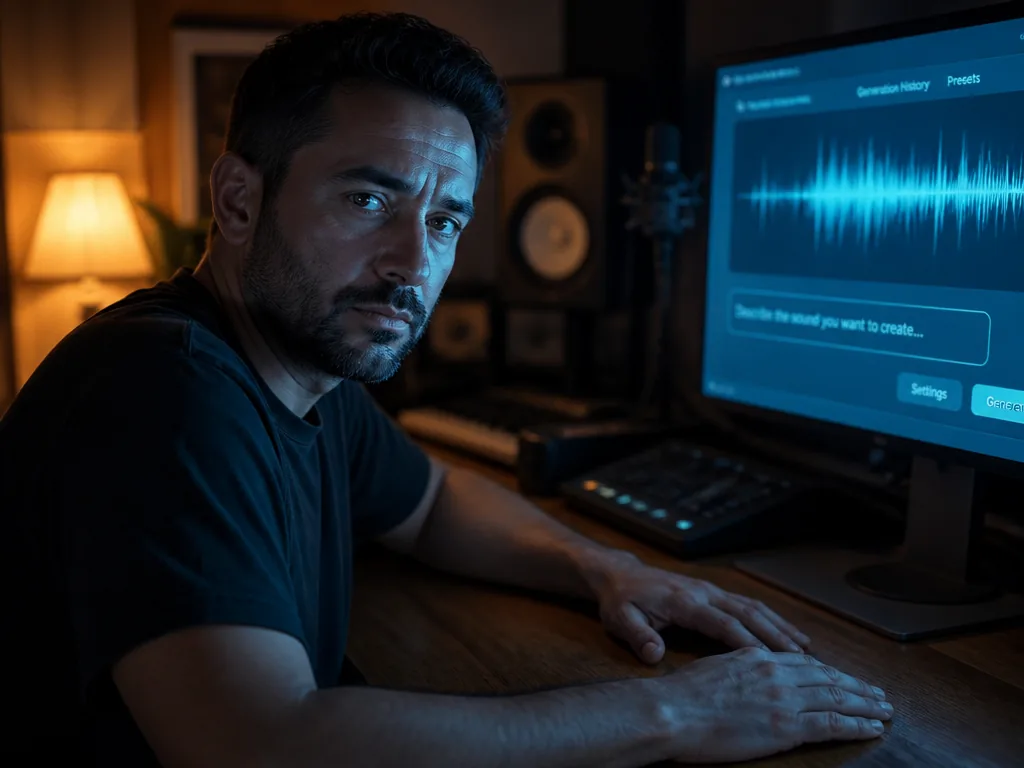 A photorealistic close-up of a music producer seated at a dimly lit home studio…