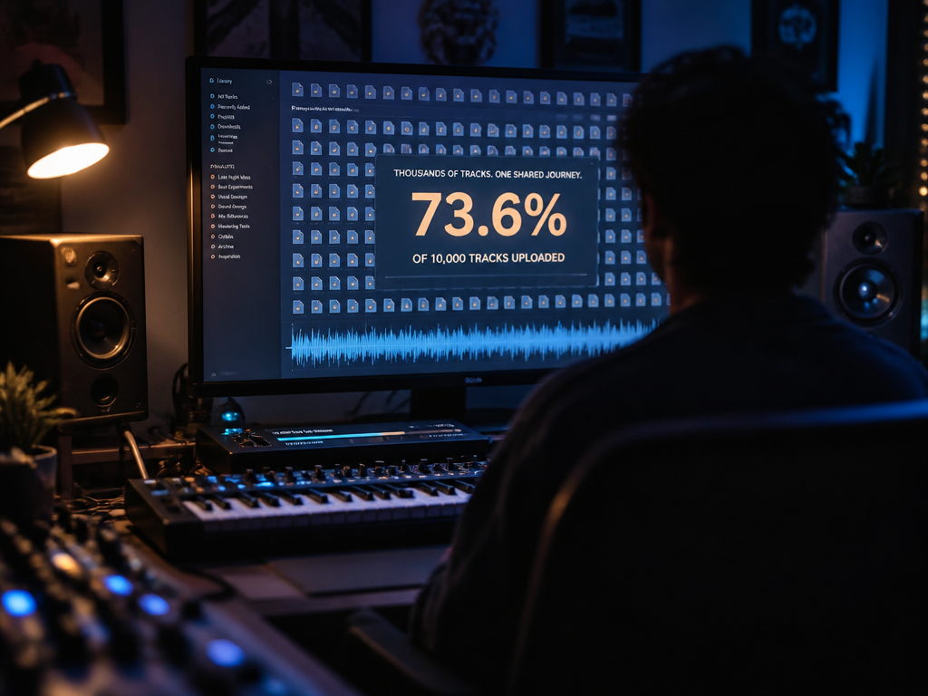 A dimly lit modern home music studio at night, shot on a full-frame camera…