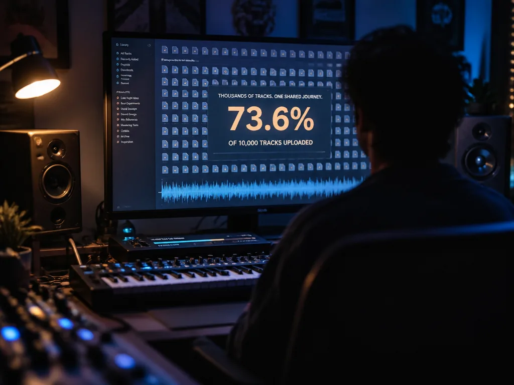 A dimly lit modern home music studio at night, shot on a full-frame camera…