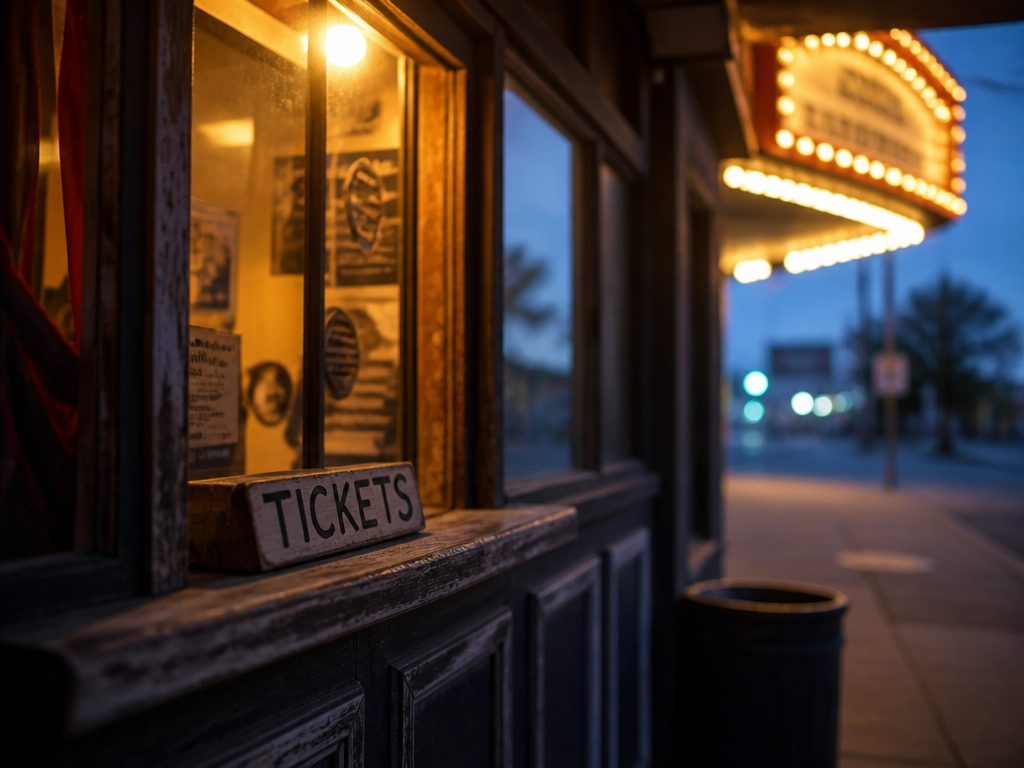 A close-up photograph of an independent music venue box office window at dusk, weathered…