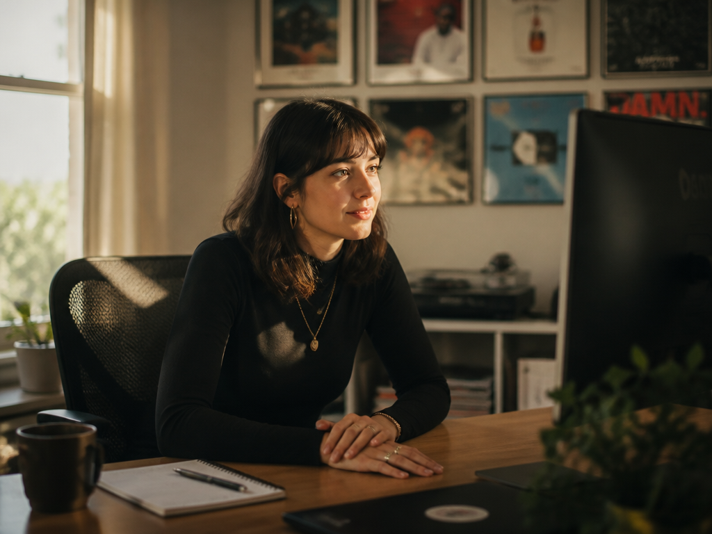 A young musician's marketing person seated at a minimalist desk in a home studio…