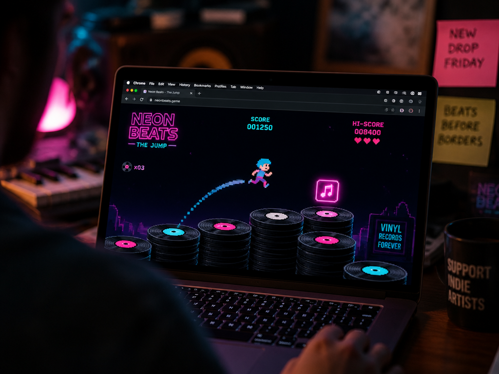 A close-up over-the-shoulder view of a laptop screen glowing with a neon-on-black browser game…