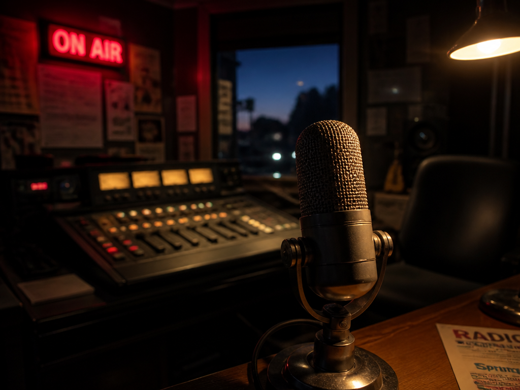 A dimly lit community radio studio at dusk, photographed with a 35mm lens at…
