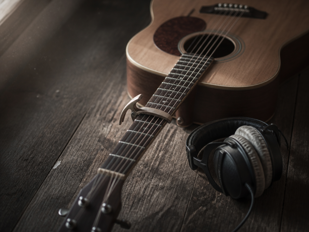 A close-up overhead shot of an acoustic guitar resting on a worn wooden studio…