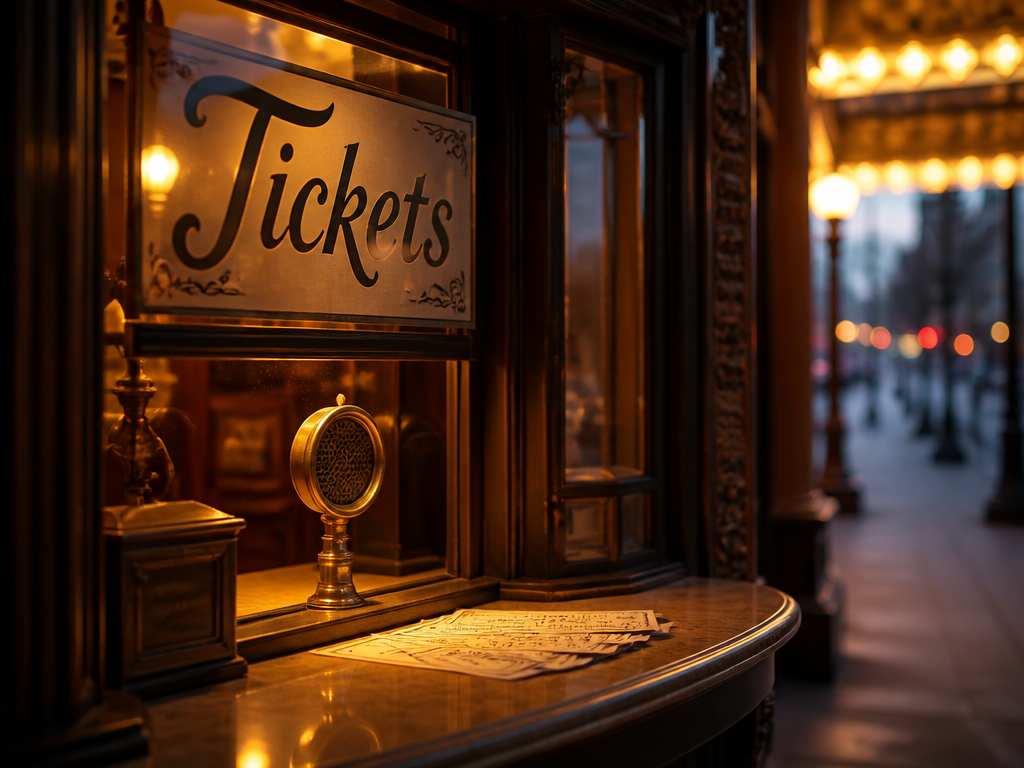 A photorealistic close-up of a vintage theater box-office window at dusk, warm tungsten light…