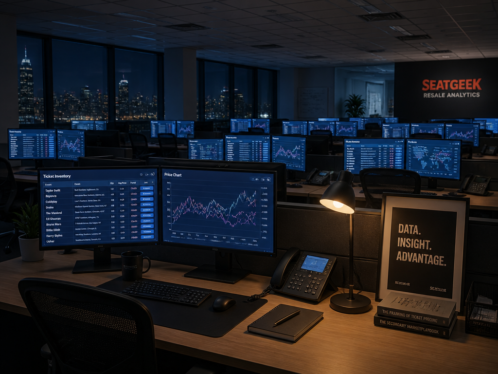A crisp modern office interior at night, rows of empty desks lined with glowing…