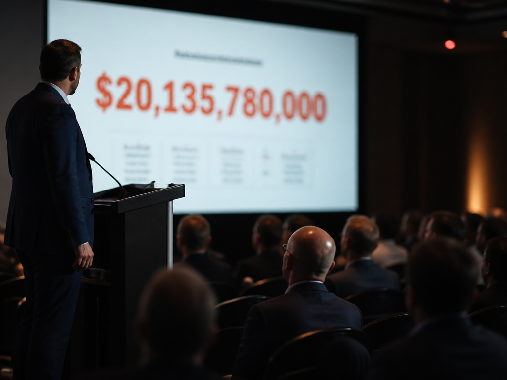 A professional documentary photograph of a dimly lit industry conference room, a speaker in…