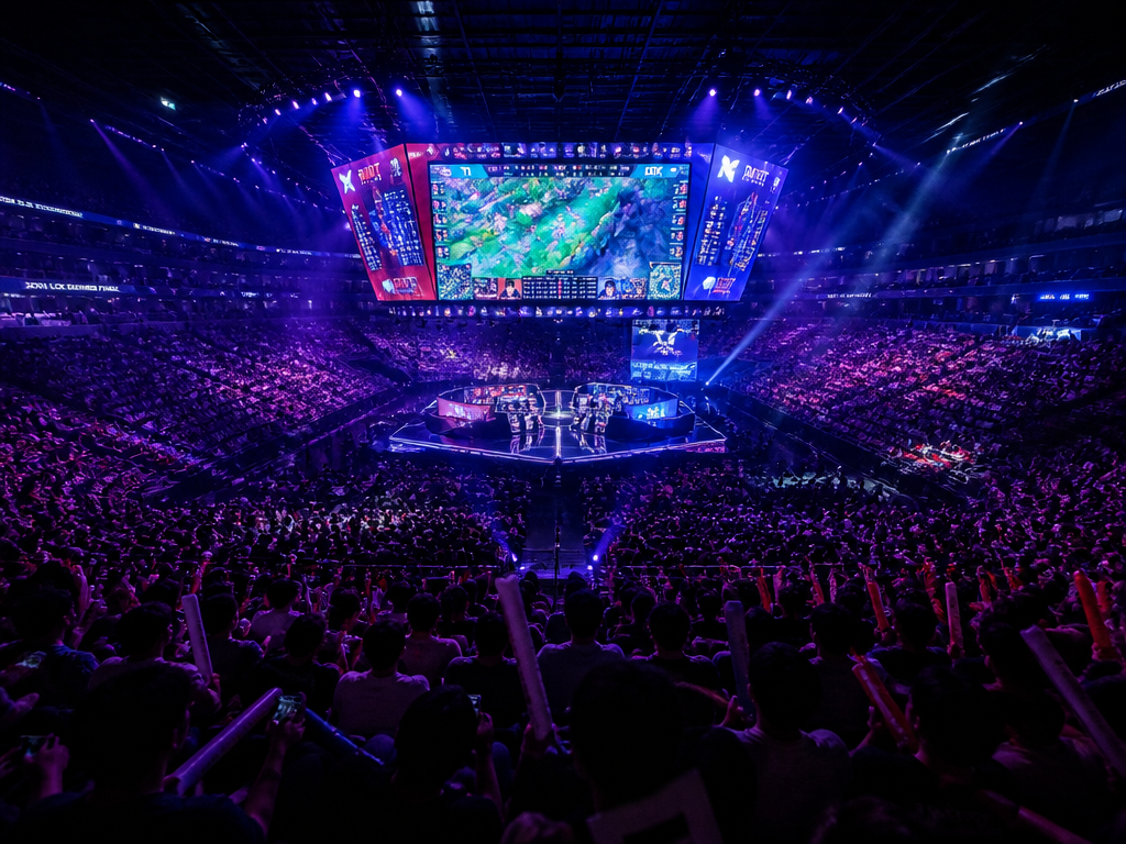A wide, atmospheric photograph of a massive esports arena during a live tournament, tens…