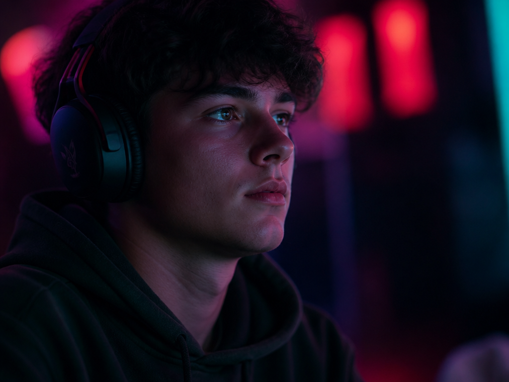 A moody close-up portrait of a young Gen-Z esports fan seated in a dark…
