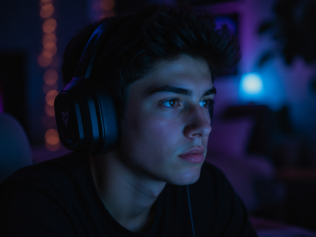 Photorealistic intimate portrait of a young Gen-Z gamer wearing large over-ear headphones, seated in…