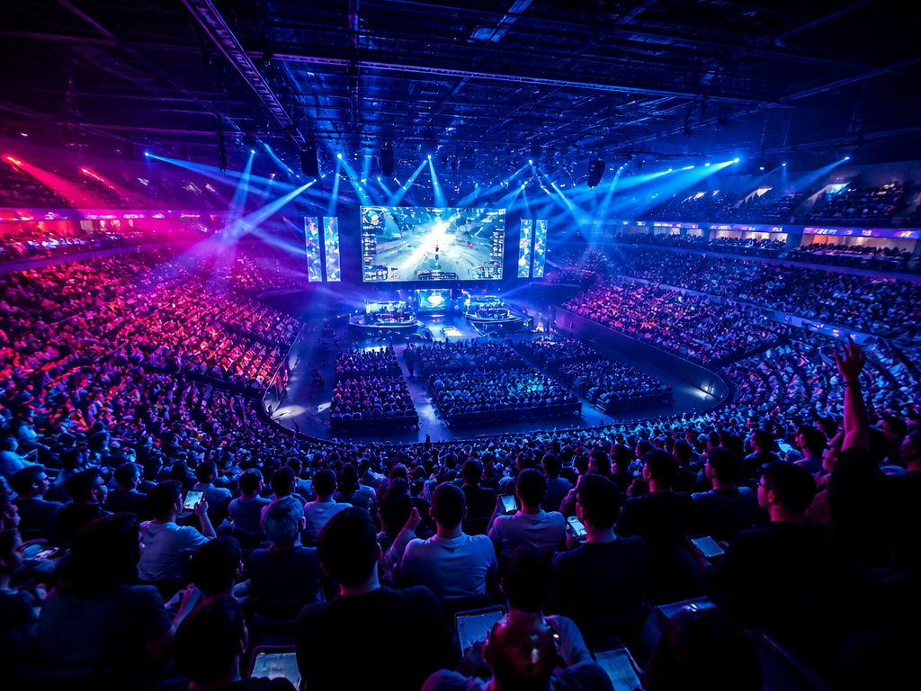 Photorealistic wide shot of a packed esports arena during a major tournament final, thousands…