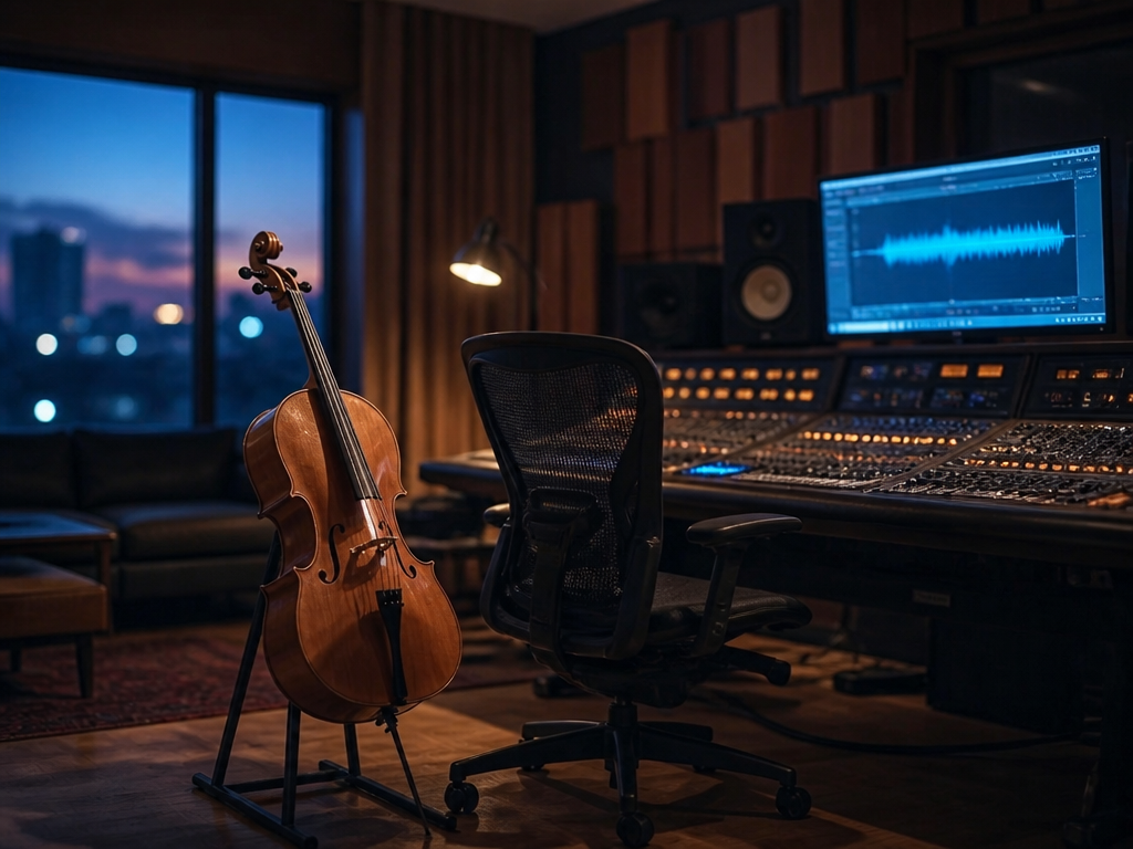 A moody, atmospheric photograph of a professional recording studio at dusk, centered on an…