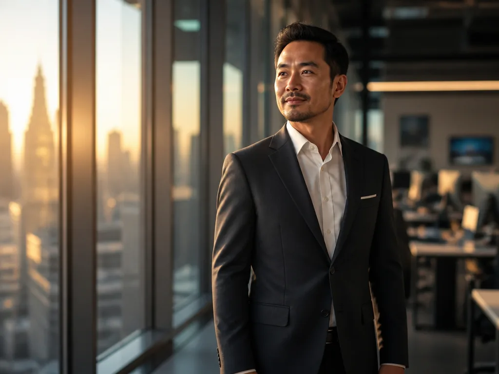 Photorealistic corporate portrait of a confident business executive standing in a sleek, glass-walled modern…