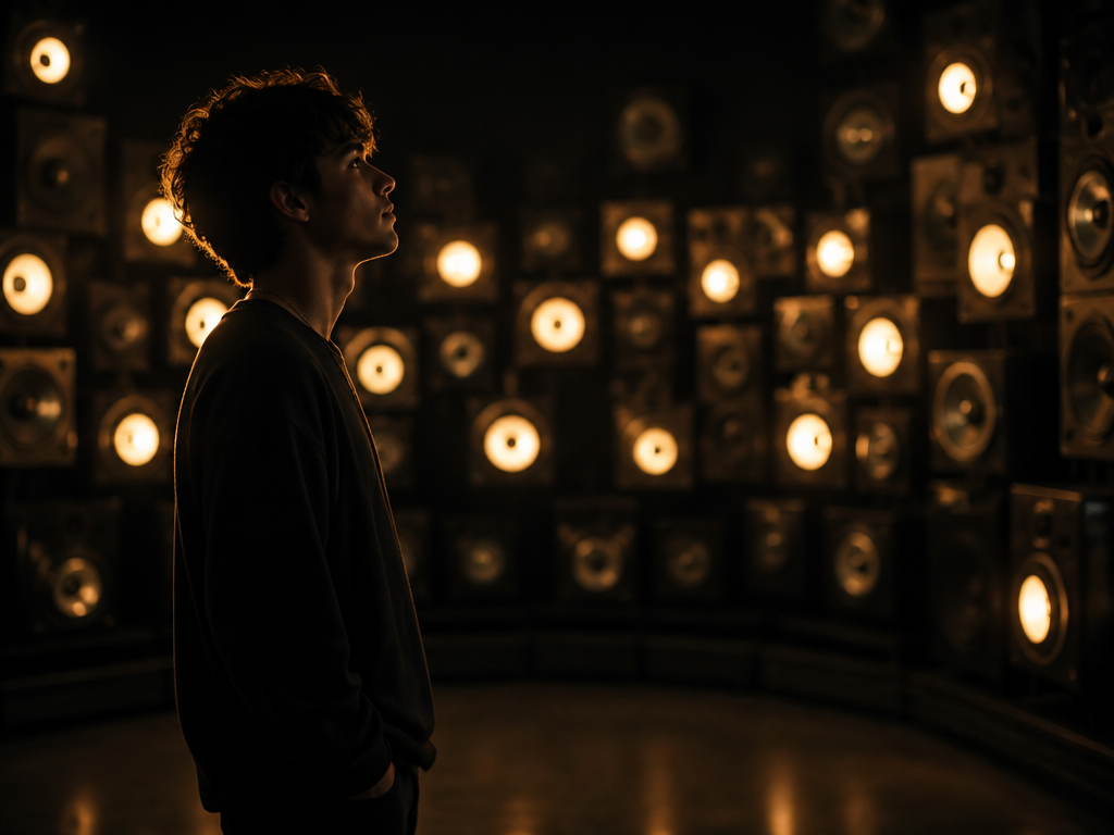 A pensive young music producer standing in profile inside a darkened listening room, empty…