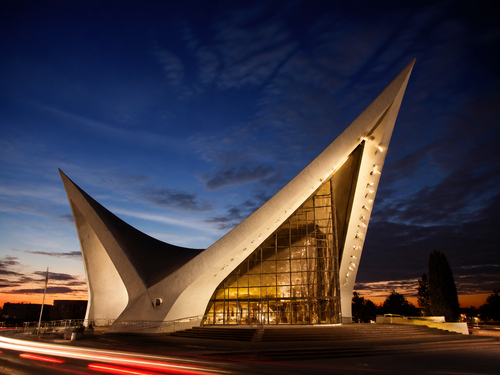 A dramatic low-angle photograph of a mid-century modernist pavilion with a sweeping hyperbolic-paraboloid concrete…