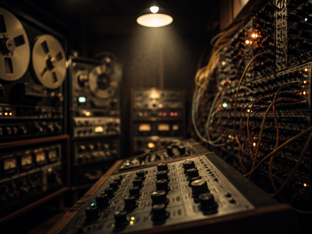 Interior of a dimly lit vintage electronic music studio, reel-to-reel tape machines lining a…