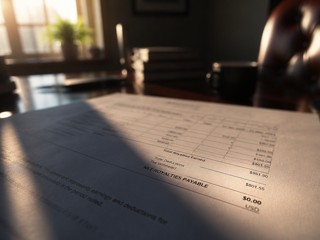 A photorealistic close-up of a printed royalty statement lying on a dark wooden desk…